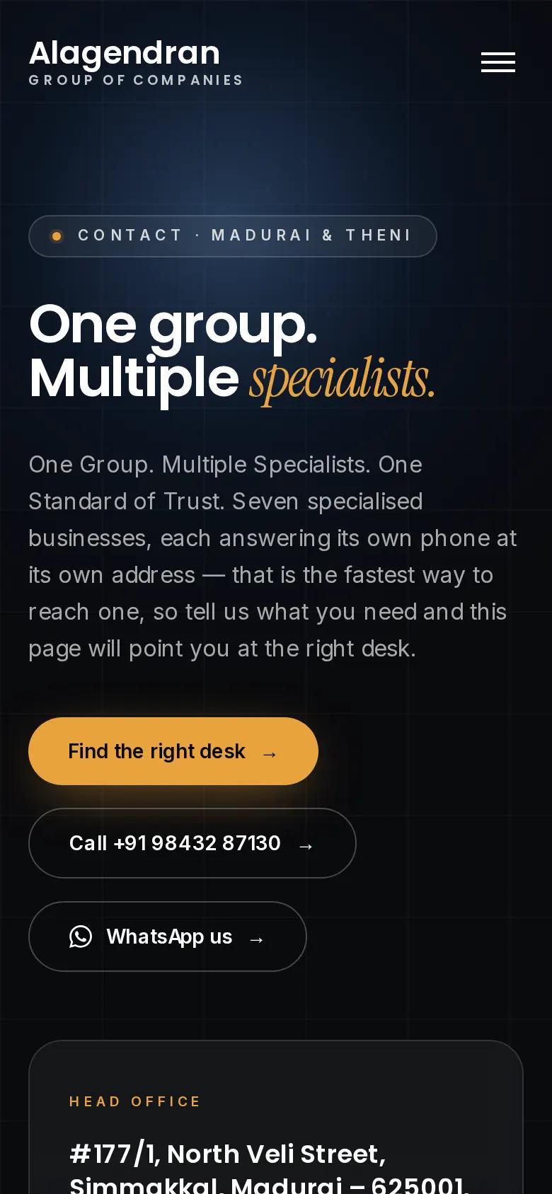 Alagendran Group contact page on a phone