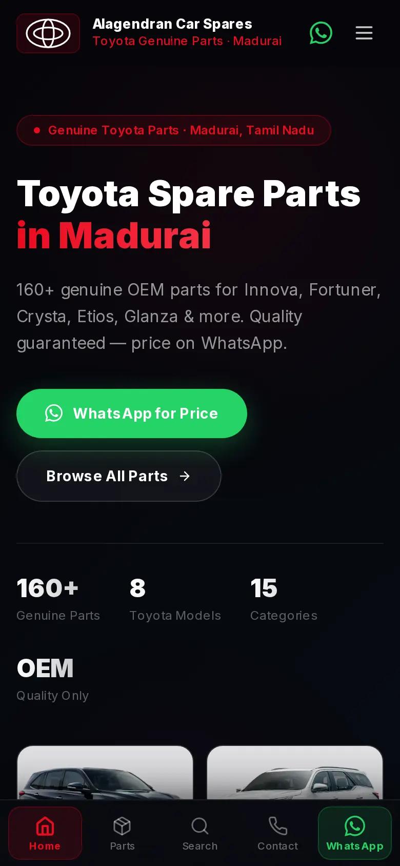 Alagendran Car Spares homepage on a phone with WhatsApp for price button