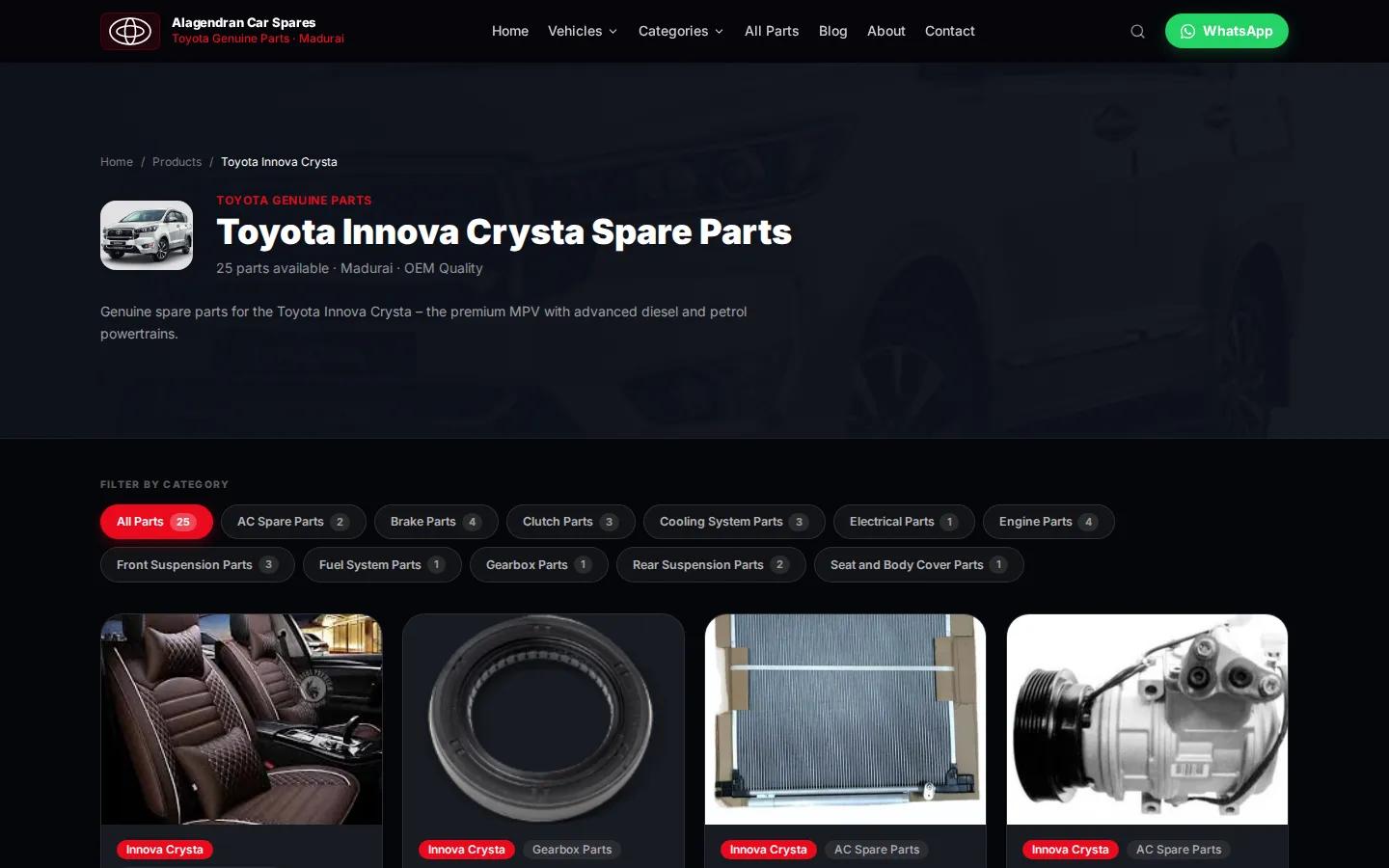 Toyota Innova Crysta spare parts page with category filters and product cards