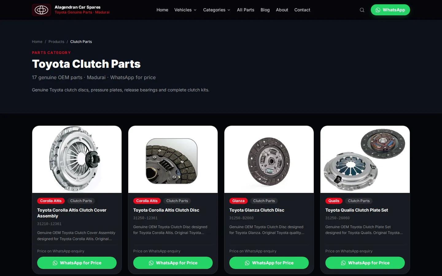 Toyota clutch parts category page with WhatsApp for Price buttons on each part