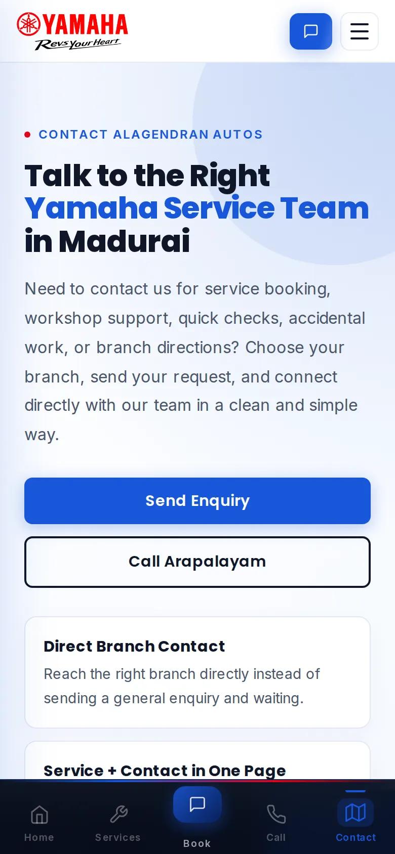 Yamaha service contact page on a phone