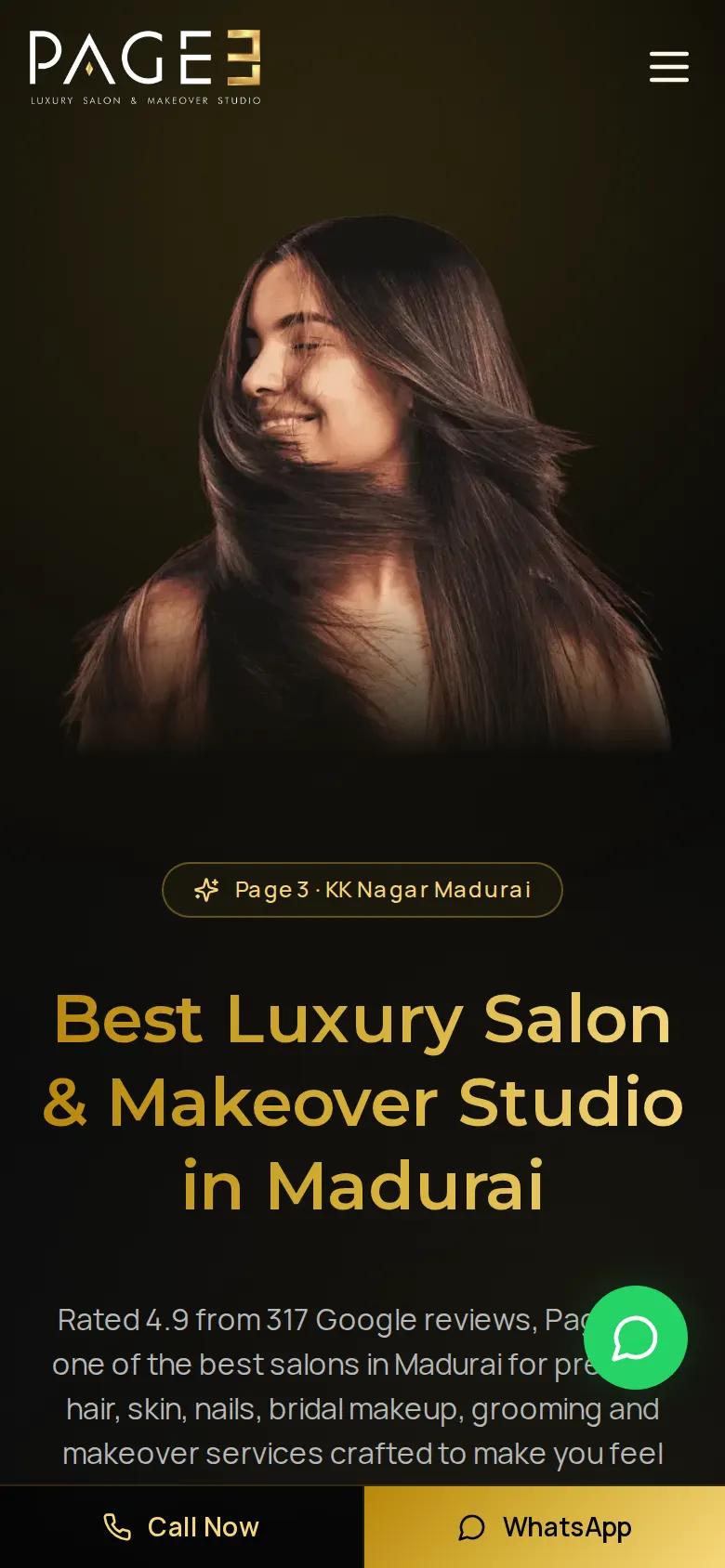Page 3 Luxury Salon homepage on a phone with sticky call and WhatsApp bar