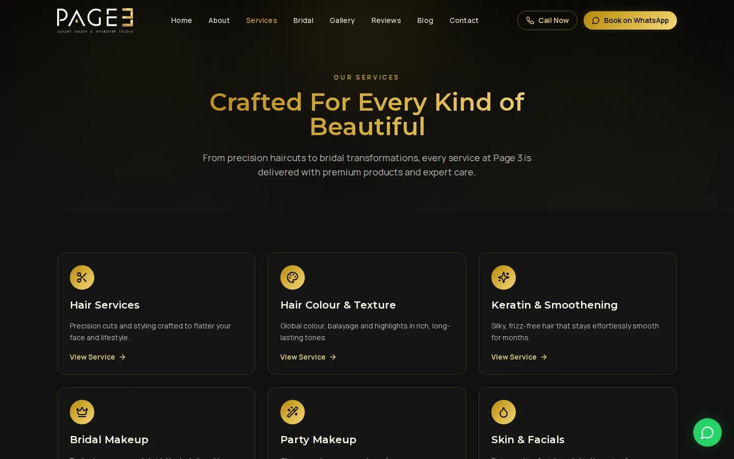 Services page on the Page 3 salon website listing hair, colour, keratin, bridal and skin services