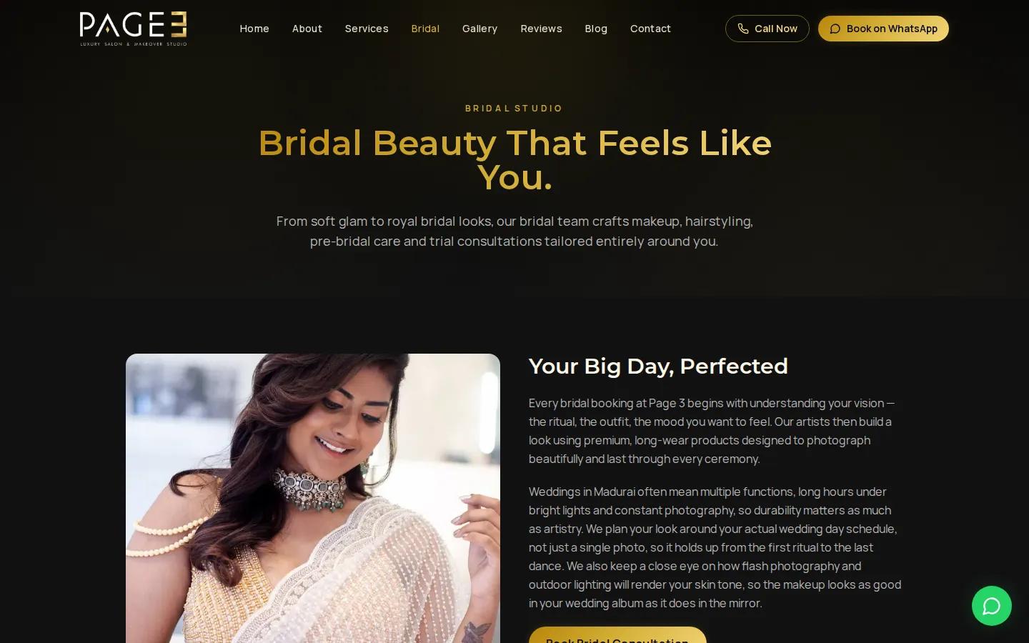 Bridal makeup Madurai service page on the Page 3 salon website