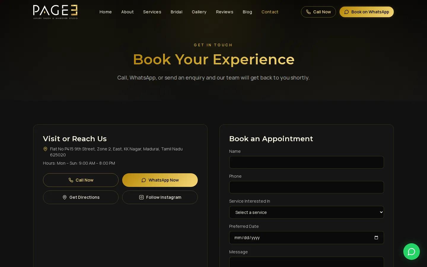 Contact and appointment booking page on the Page 3 salon website