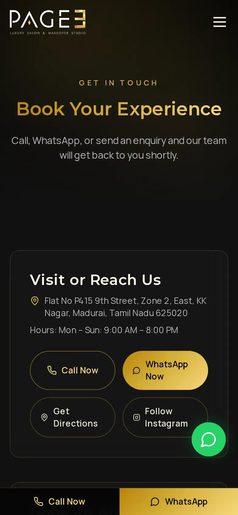 Book your experience contact page on a phone