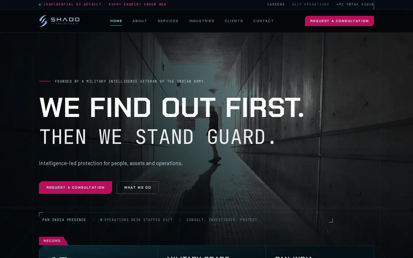 SHADO Securities homepage — We find out first. Then we stand guard. Intelligence-led protection for people, assets and operations