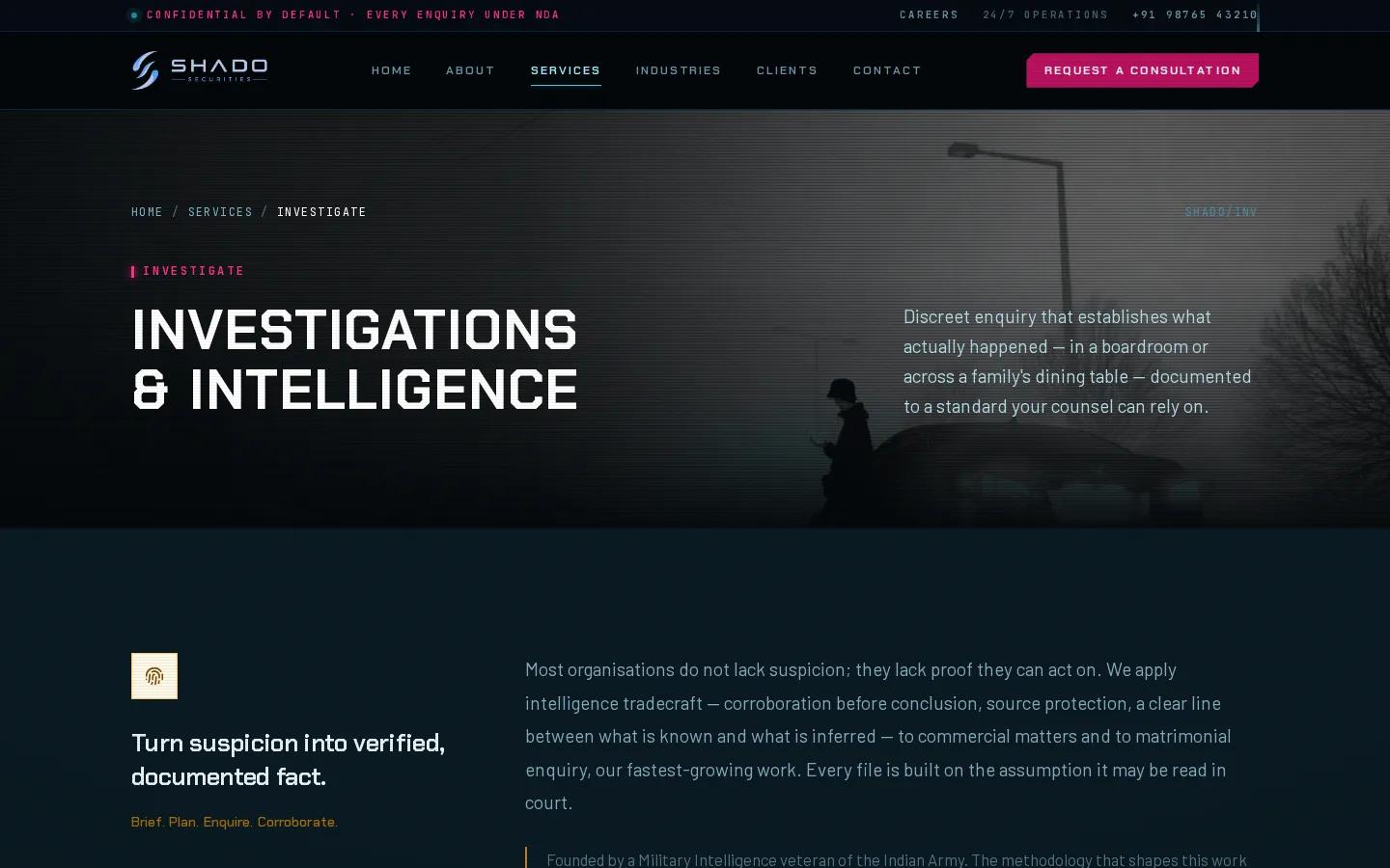 Investigations and intelligence service page on the SHADO Securities website