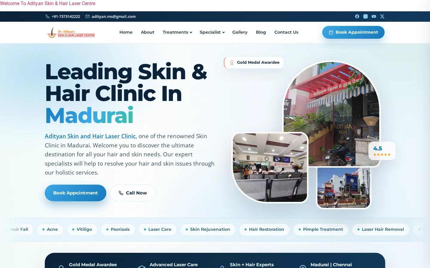 Adityan Skin and Hair Laser Clinic Madurai website homepage