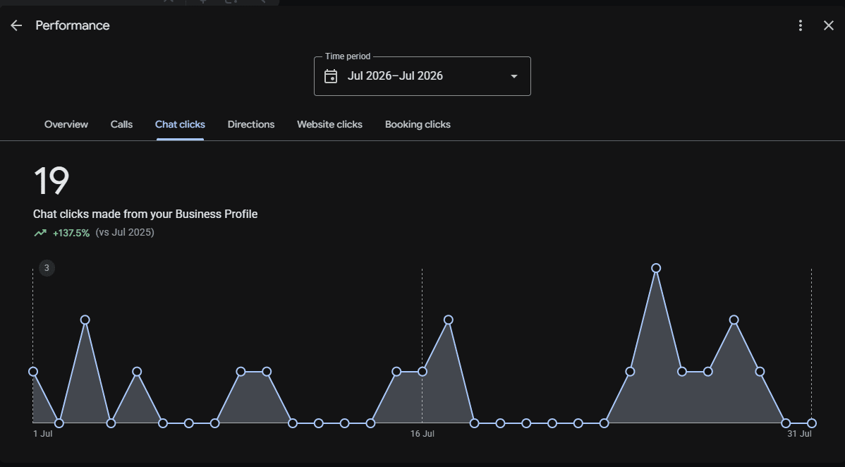 19 chat clicks — Hotel SS Palace Rameswaram Google Business Profile data, July 2026