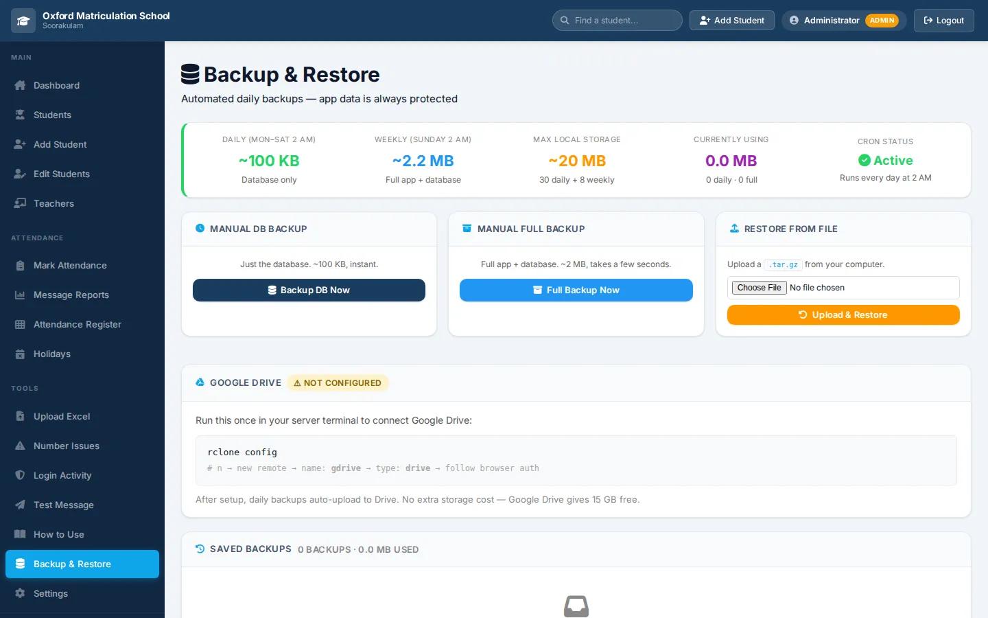 Backup and restore screen showing daily and weekly backup schedule