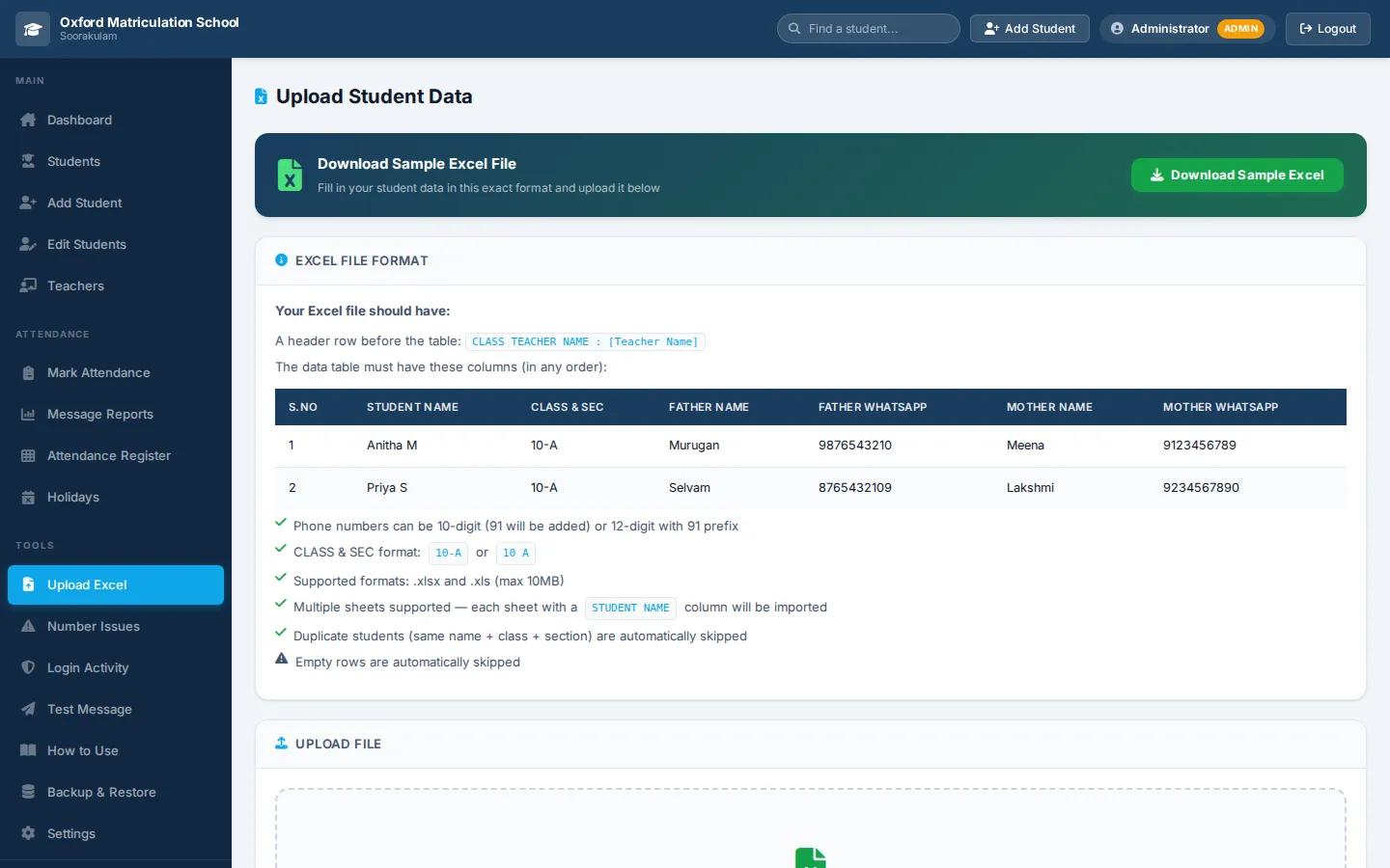 Excel upload screen for adding the student list in bulk