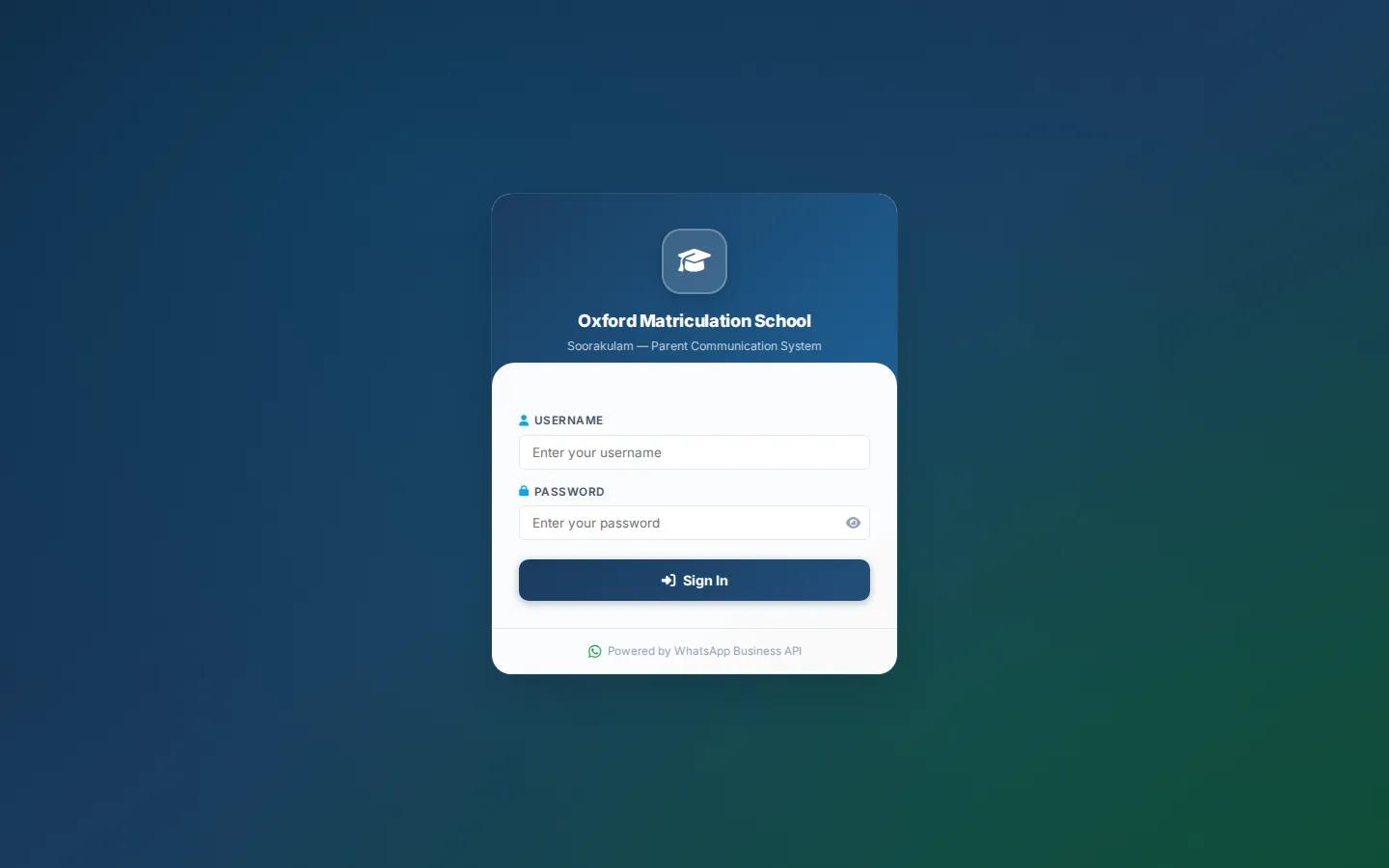 Sign-in screen of the Oxford Matriculation School parent communication system