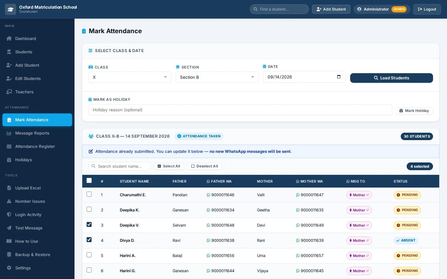 Mark attendance screen with class X section B loaded and three students ticked absent (demo data)