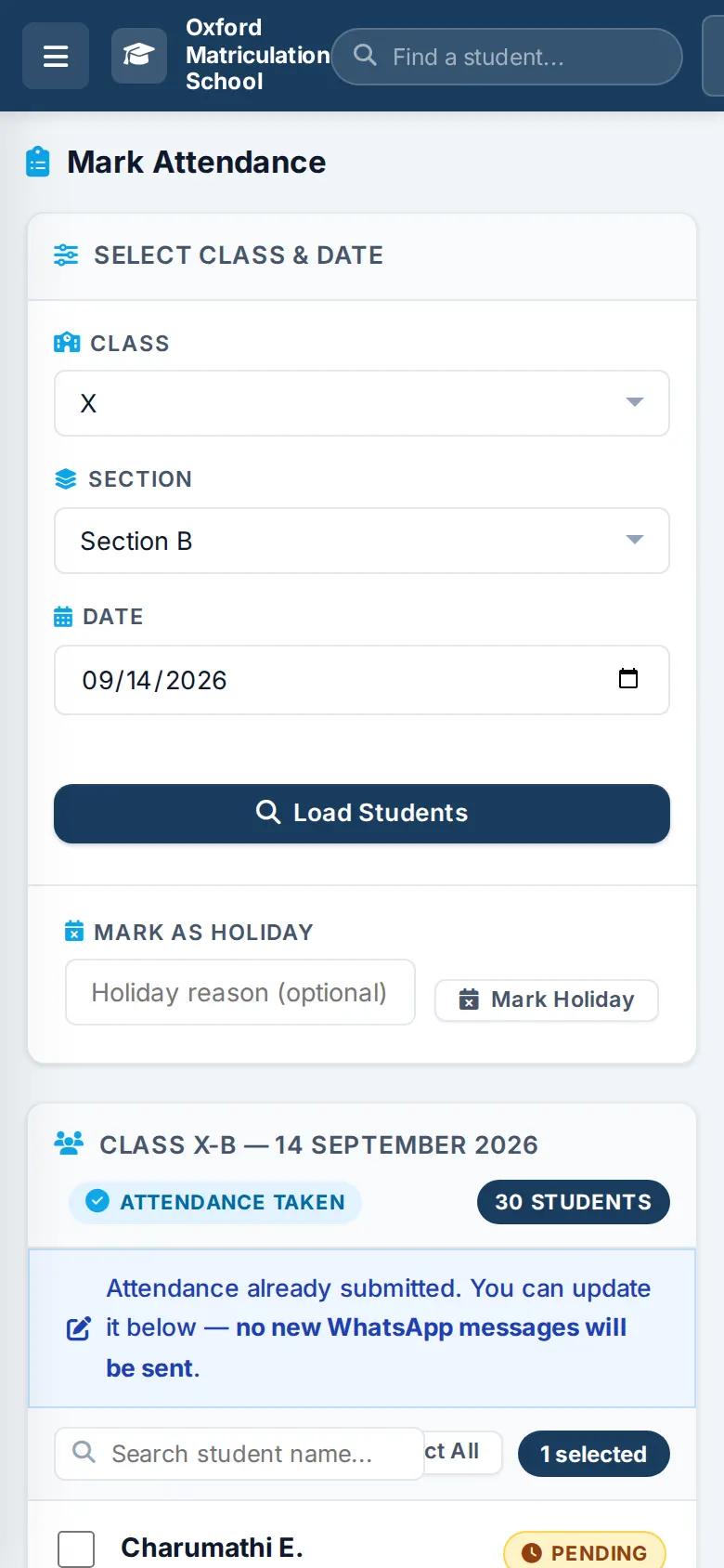 Mark attendance screen on a phone, used by teachers in the classroom (demo data)