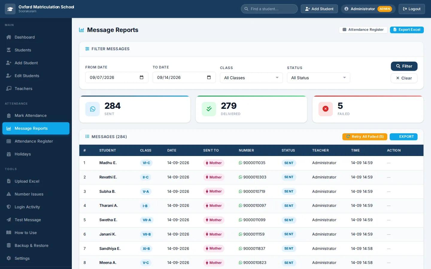 Message reports screen showing sent, delivered and failed counts with an export button (demo data)