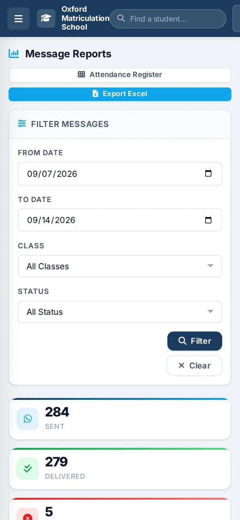 Message reports on a phone (demo data)