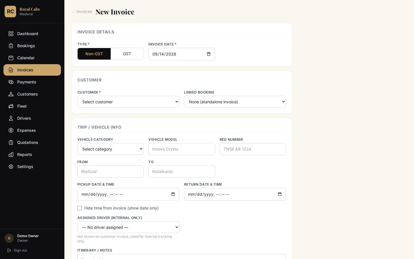 New invoice form in the Royal Cabs billing app with GST and non-GST options (demo data)