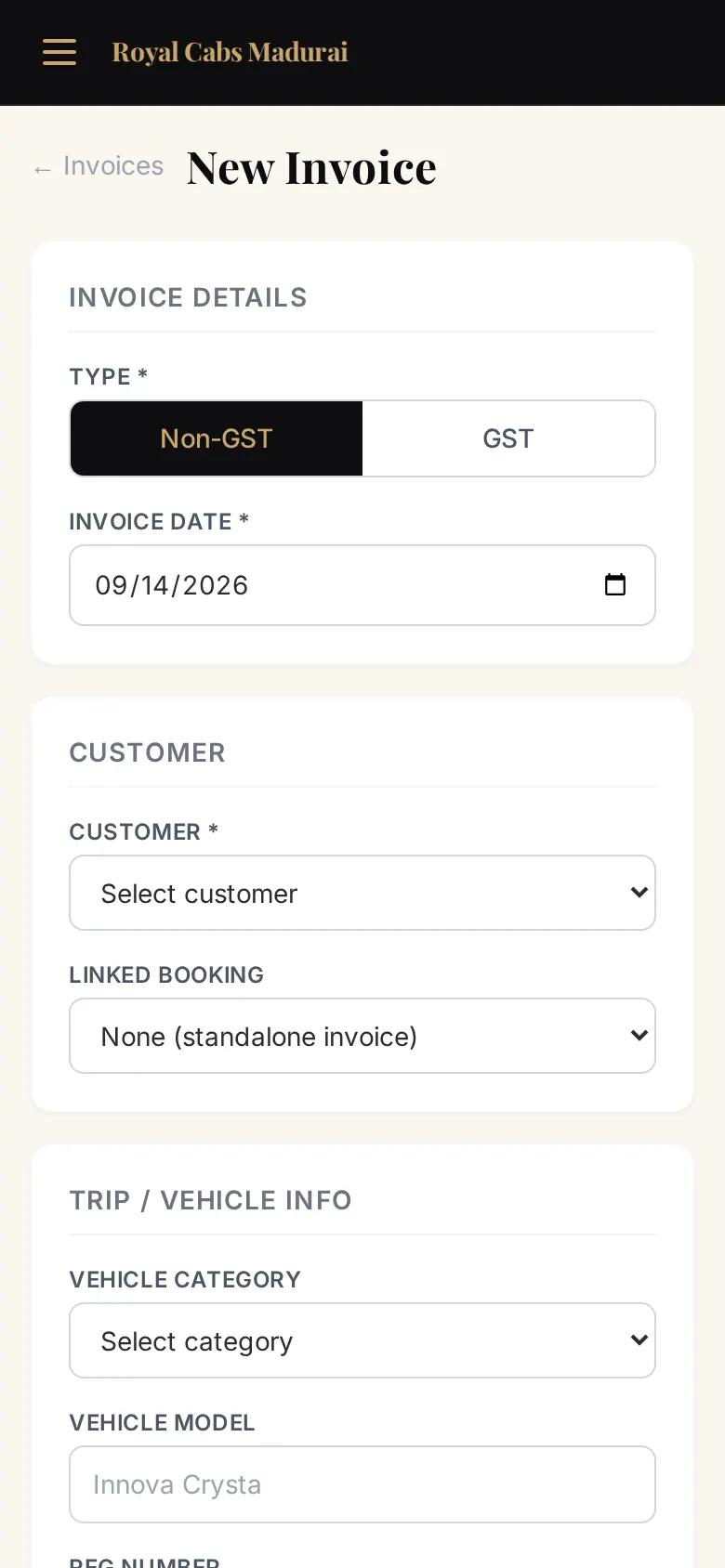 New invoice form on a phone (demo data)