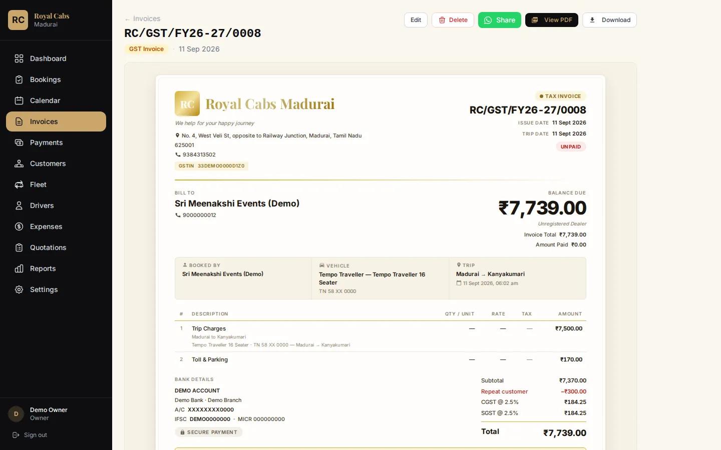 GST tax invoice view with invoice number, trip details, tax breakdown and WhatsApp share button (demo data)