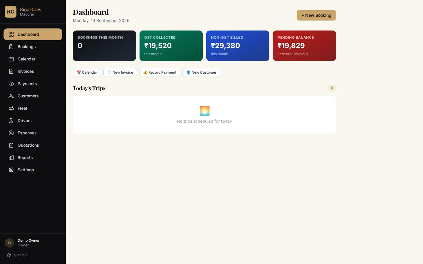 Billing dashboard showing GST collected, non-GST billed and pending balance (demo data)