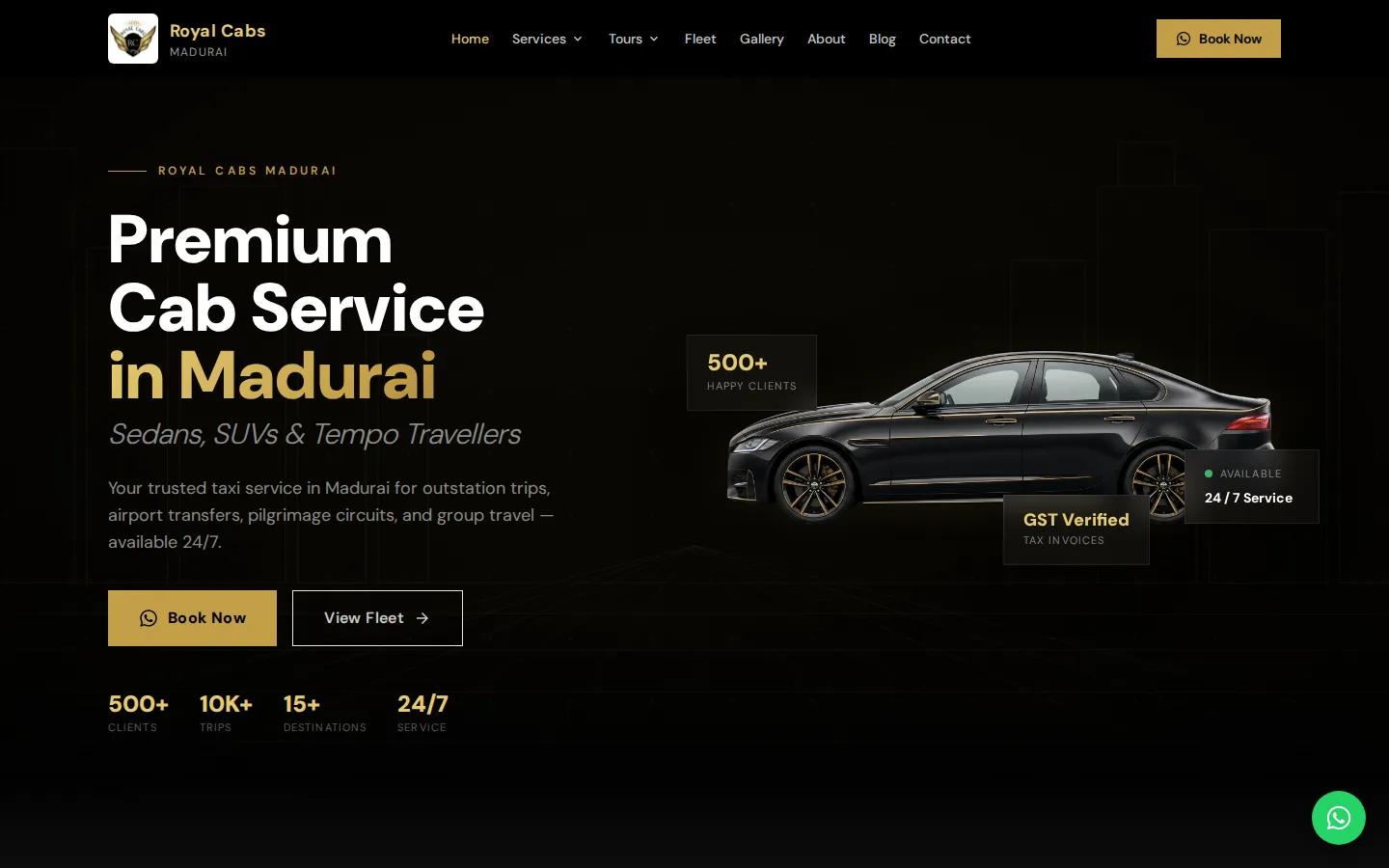 Royal Cabs Madurai homepage — premium cab service in Madurai with Book Now and View Fleet buttons