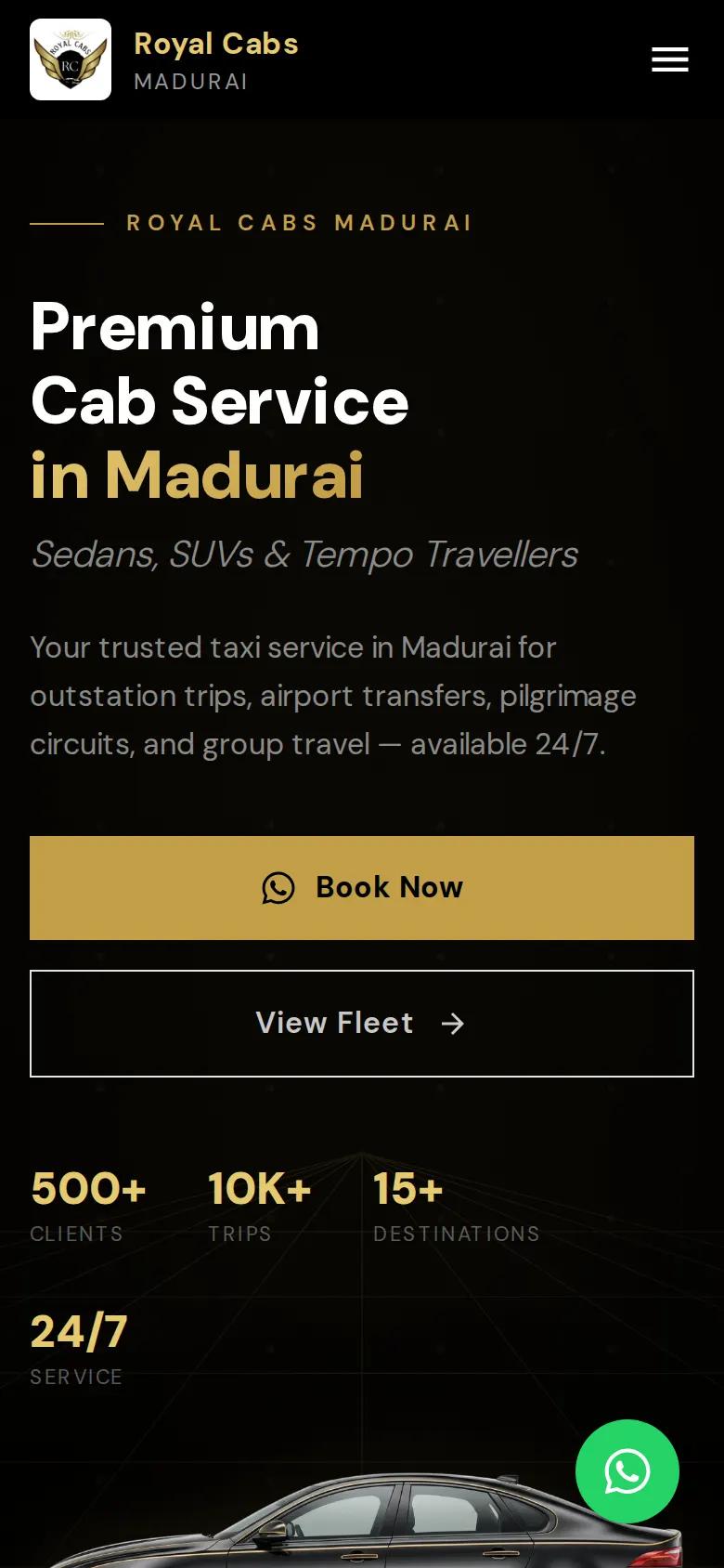 Royal Cabs Madurai homepage on a phone