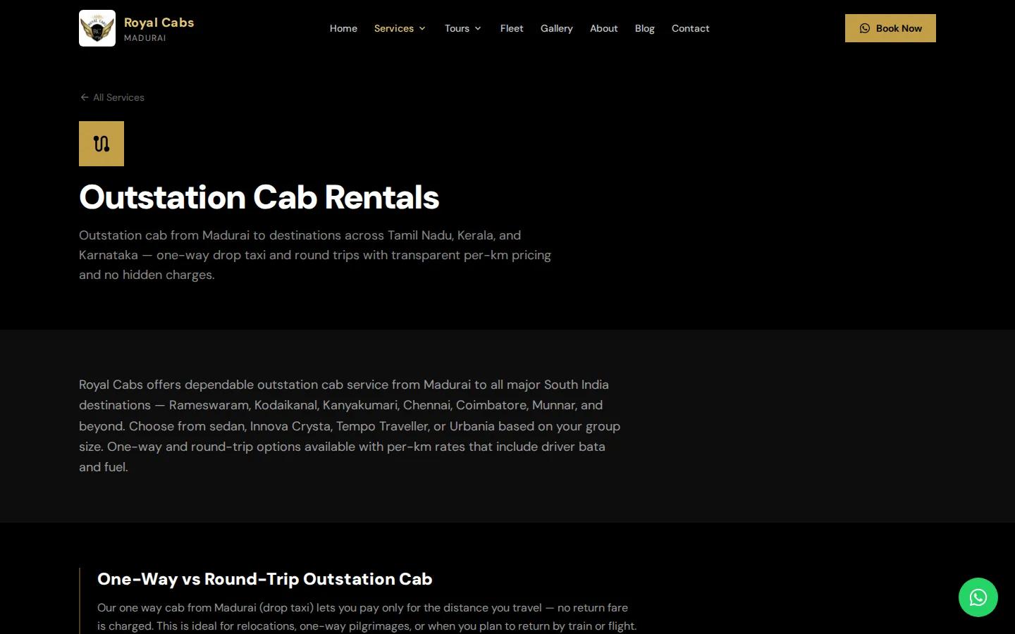 Outstation cab rentals page on the Royal Cabs Madurai website