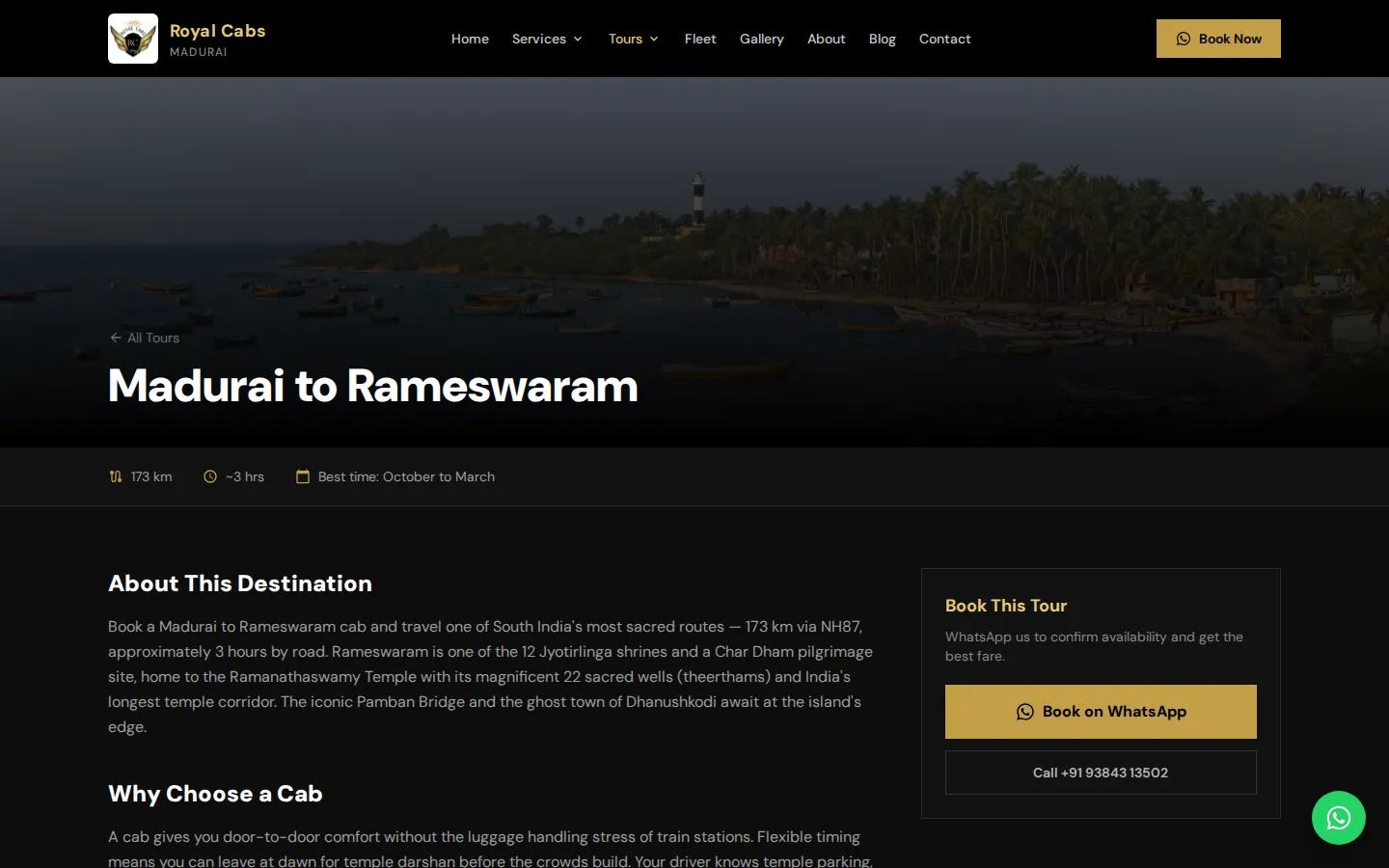 Madurai to Rameswaram tour page with distance, travel time and a Book on WhatsApp button
