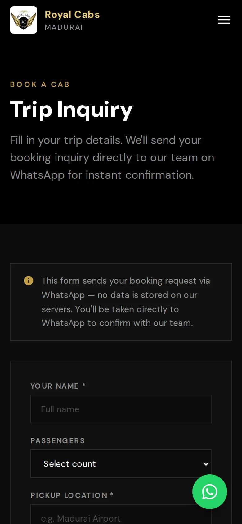 Trip inquiry form on a phone that sends the booking request through WhatsApp