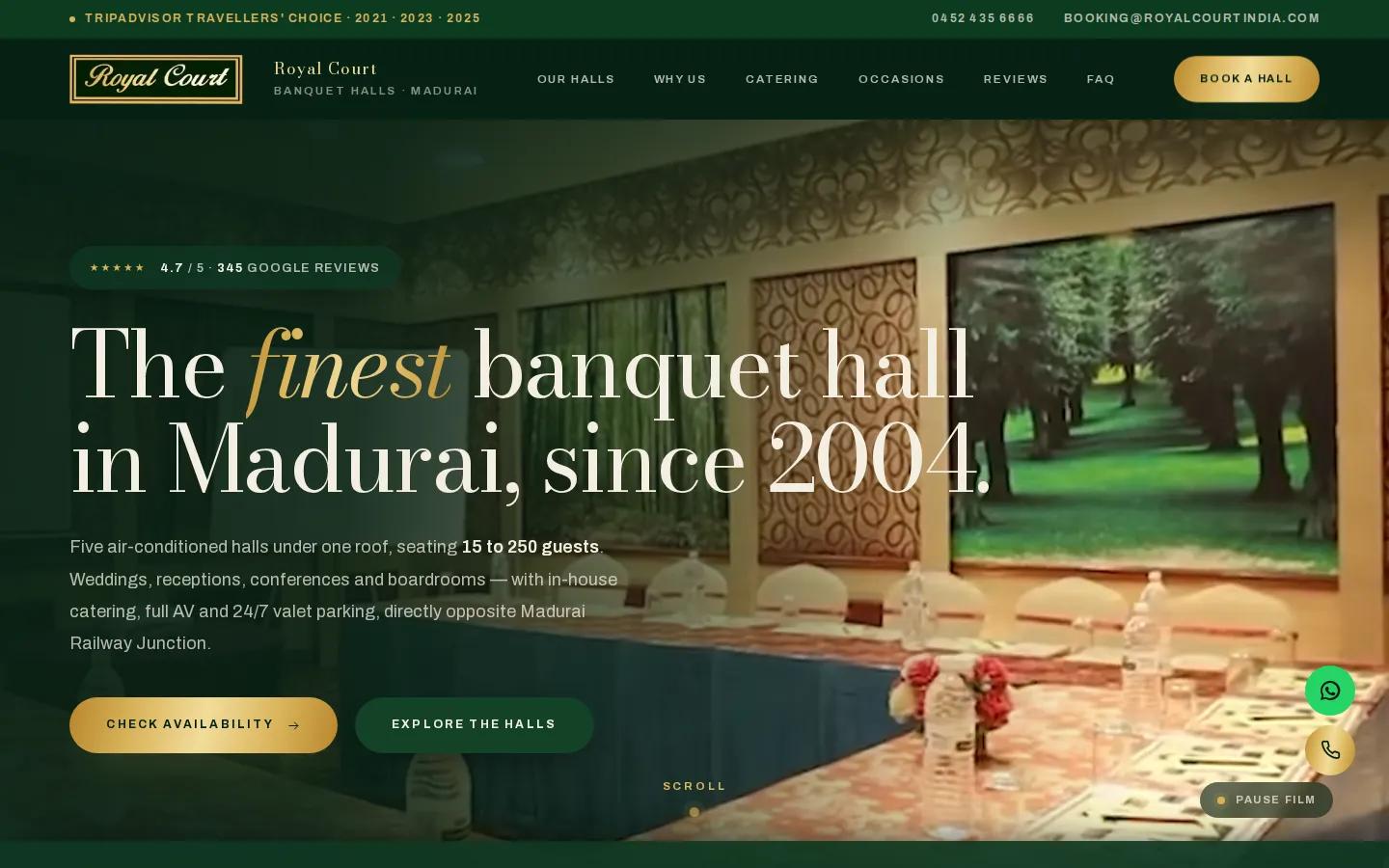 Royal Court Banquet Hall homepage — the finest banquet hall in Madurai since 2004, five air-conditioned halls for 15 to 250 guests