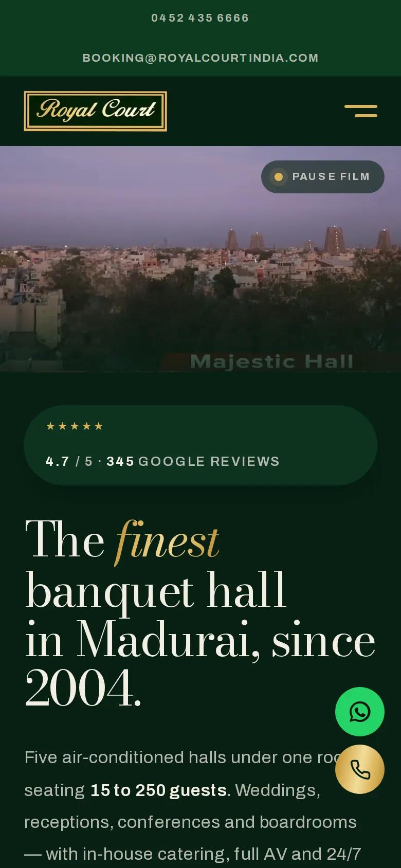 Royal Court Banquet Hall homepage on a phone