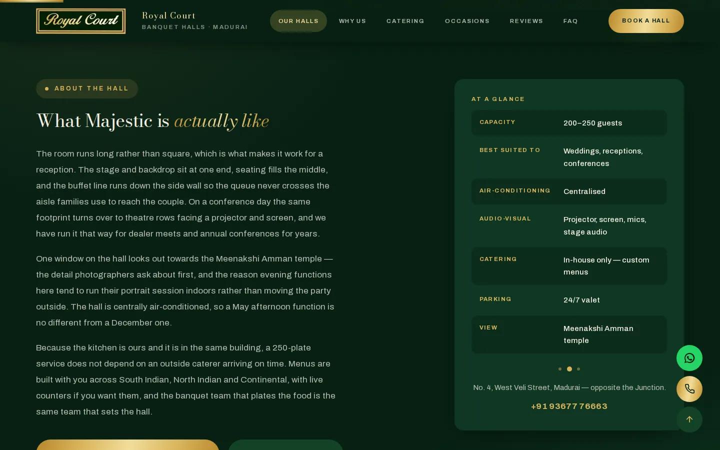 Majestic Hall page describing layout, catering and capacity with an at-a-glance card