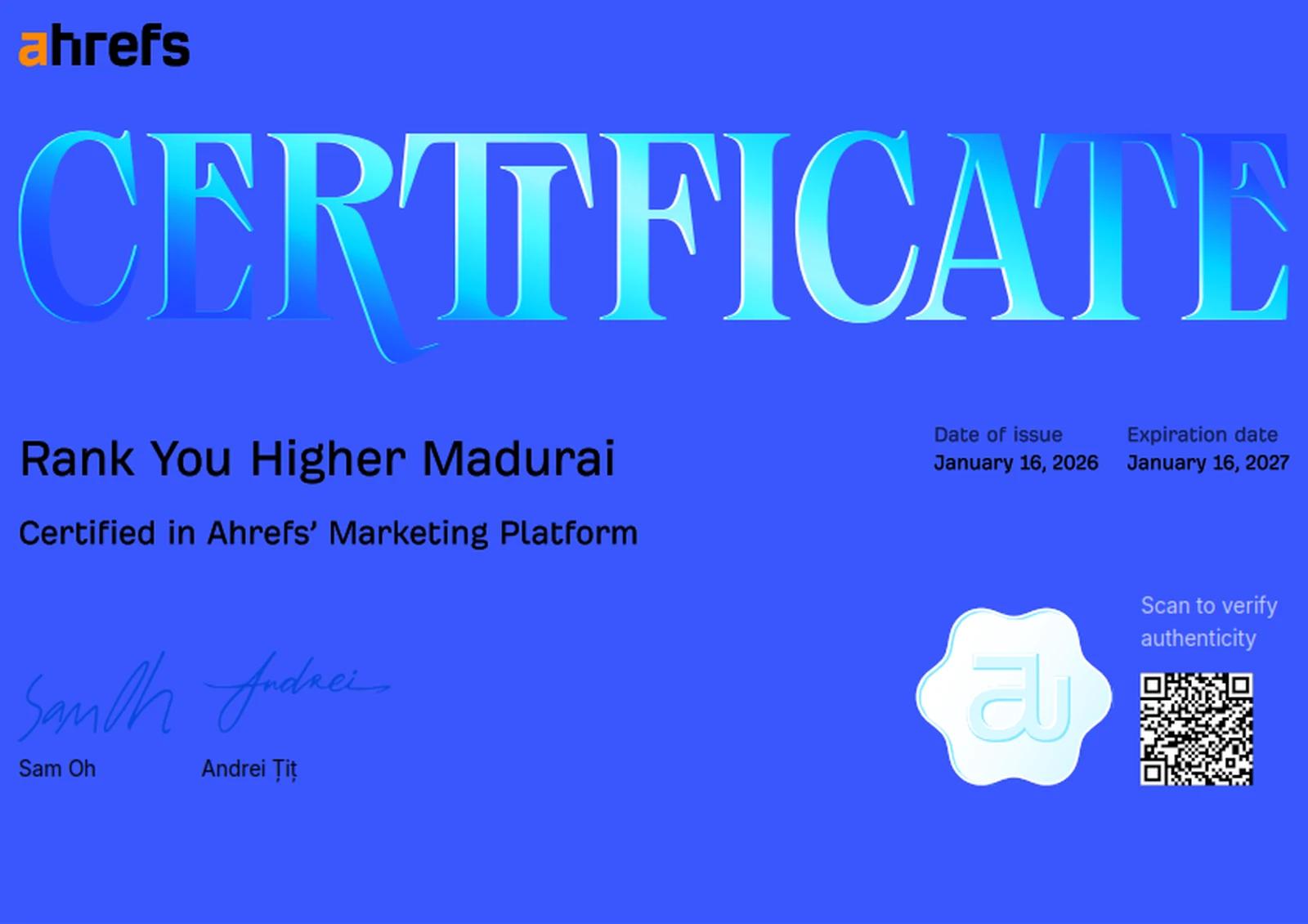 Ahrefs Marketing Platform certificate awarded to Rank You Higher, Madurai