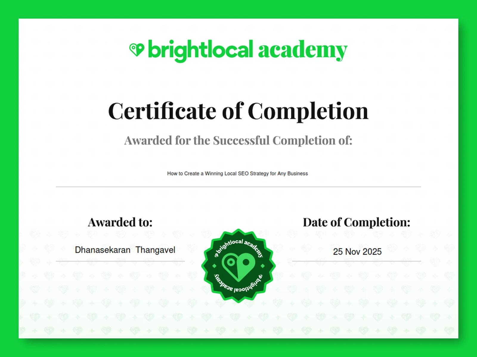 BrightLocal Local SEO Strategy certificate awarded to Dhanasekaran Thangavel