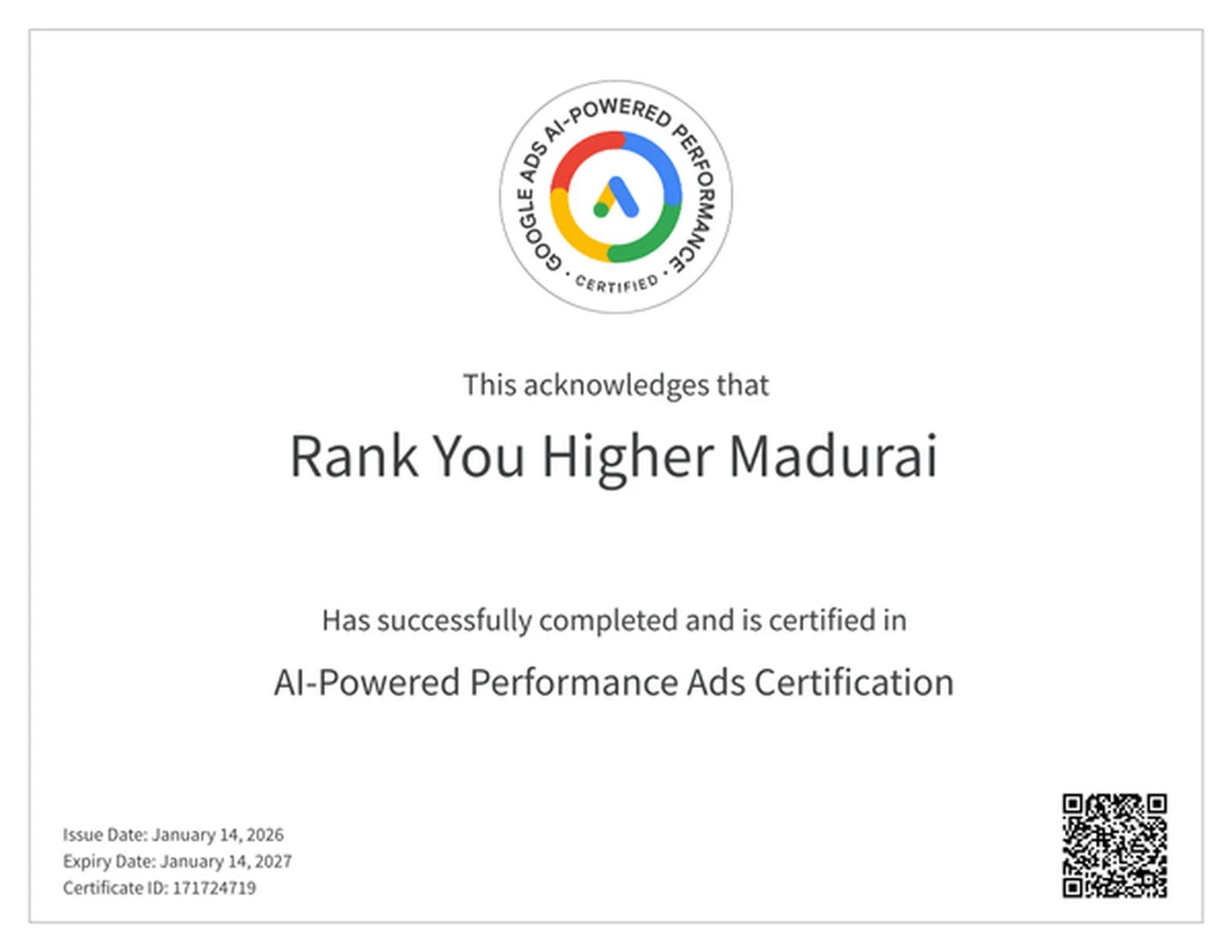 Google AI-Powered Performance Ads certification awarded to Rank You Higher, Madurai
