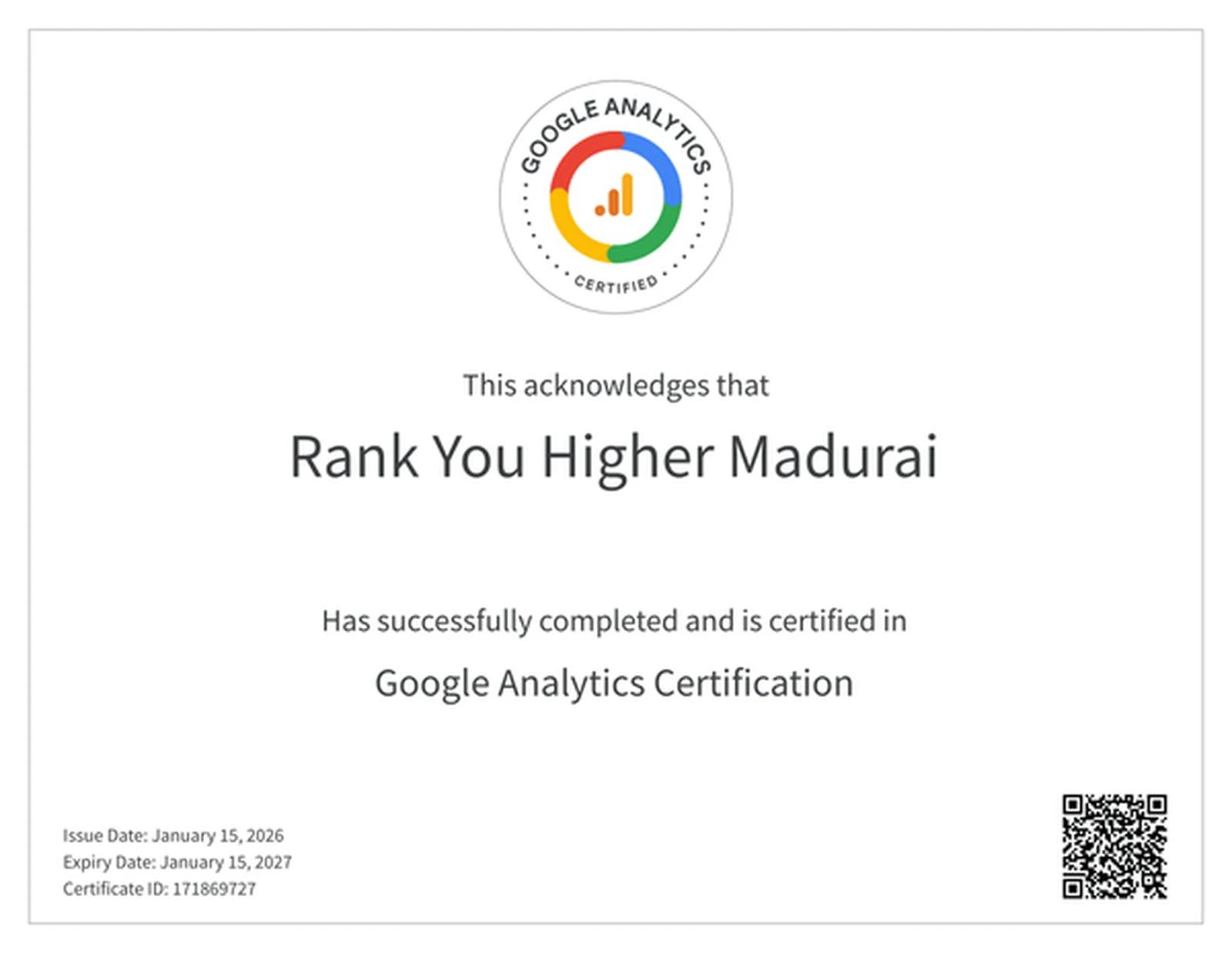 Google Analytics certification awarded to Rank You Higher, Madurai