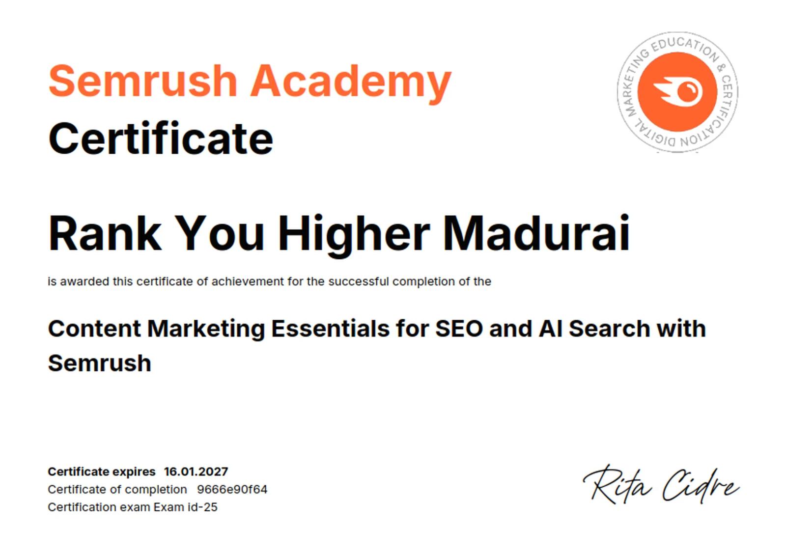 Semrush Content Marketing and AI Search certificate awarded to Rank You Higher, Madurai