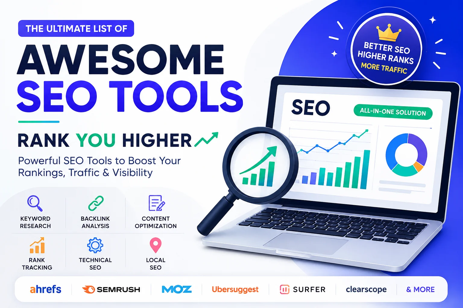 Awesome SEO tools guide by Rank You Higher showing keyword research, backlink analysis, content optimization, rank tracking, technical SEO, and local SEO tools for better website rankings.