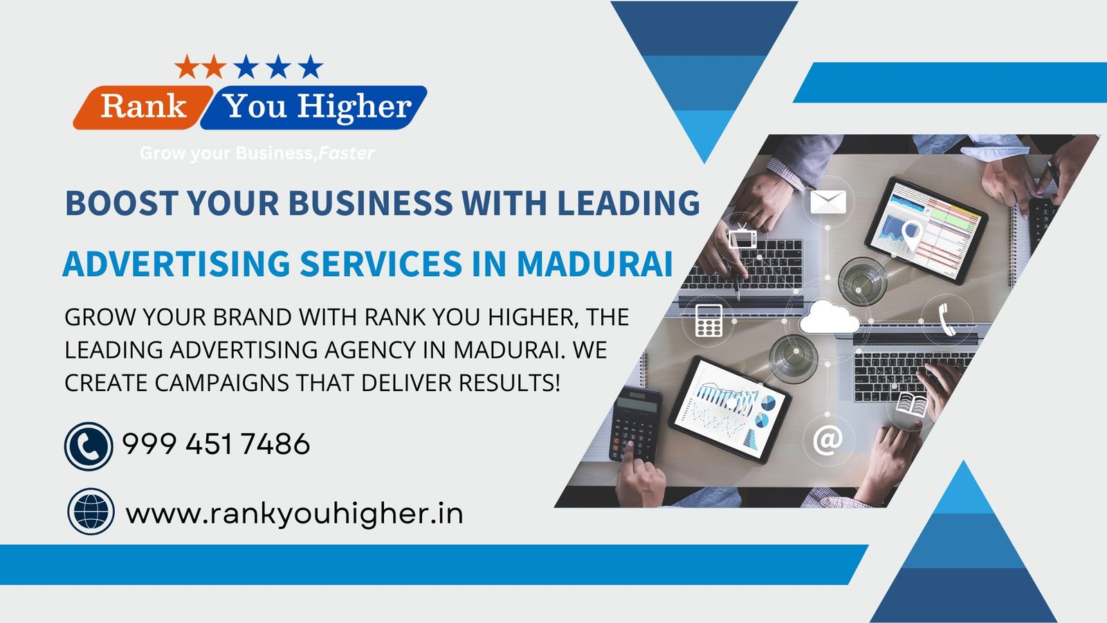 Rank You Higher, a leading Advertising Agency in Madurai, transforms your business with tailored strategies that drive growth. From creating brand awareness to boosting customer engagement, our advertising solutions help your business stand out. With data-driven campaigns and expert execution, Rank You Higher ensures maximum visibility and higher ROI, making it the perfect partner for scaling your brand effectively.