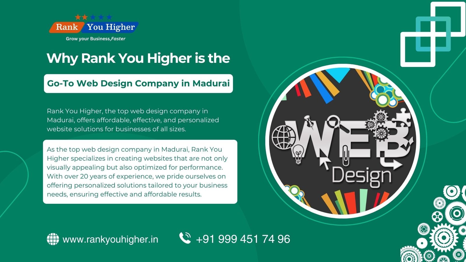 Rank You Higher is the leading web design company in Madurai, offering affordable, effective, and customized website solutions tailored to your business needs. With over 20 years of expertise, we specialize in creating visually stunning and performance-optimized websites that drive results. Transform your online presence with Rank You Higher today.