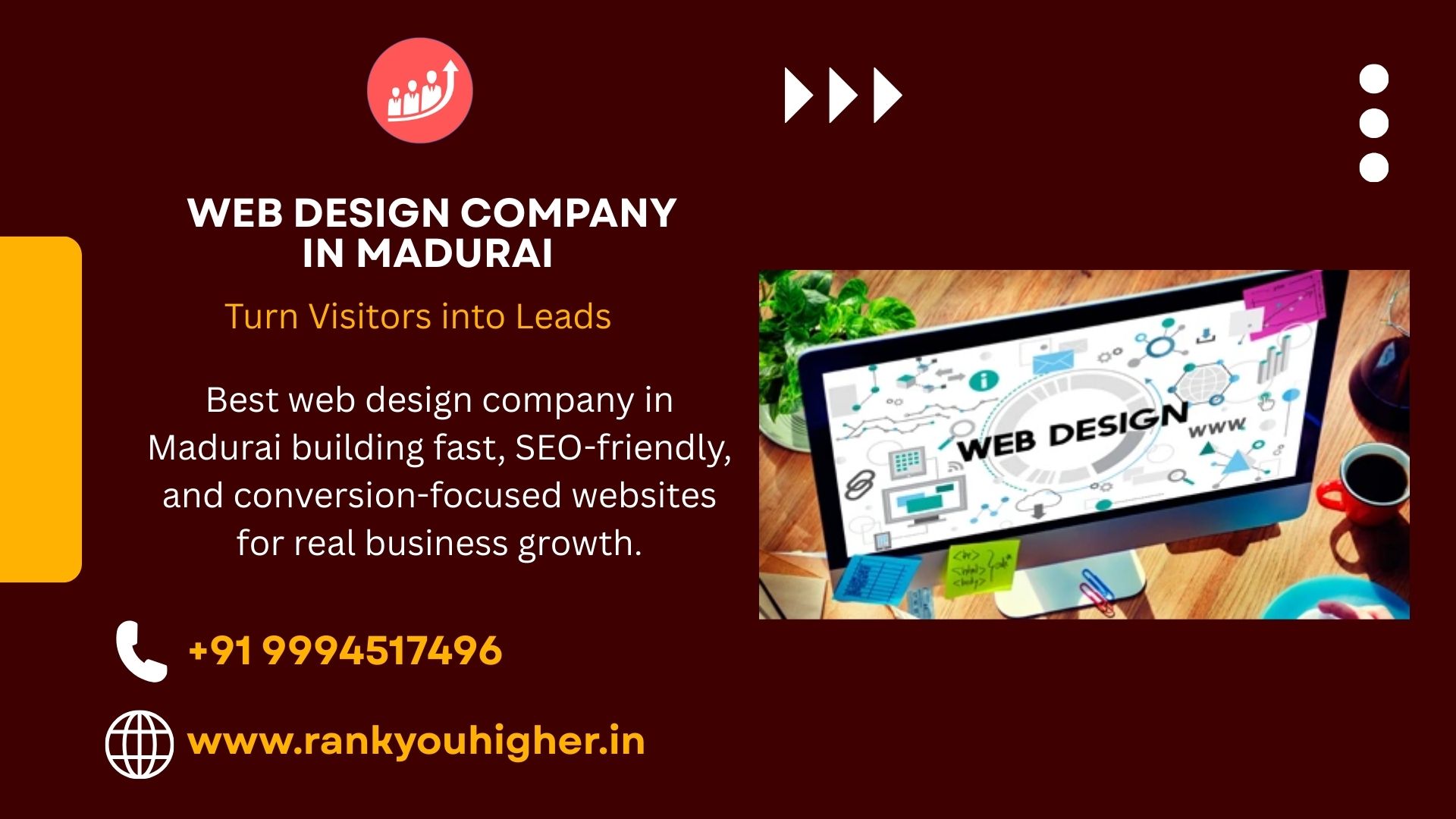 Banner showing web design company in Madurai by Rank You Higher creating fast, SEO-friendly, and conversion-focused websites.