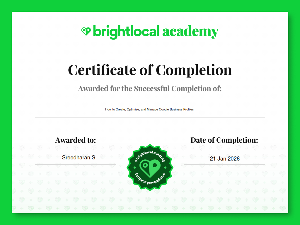 BrightLocal Academy certificate - How to Create, Optimize, and Manage Google Business Profiles